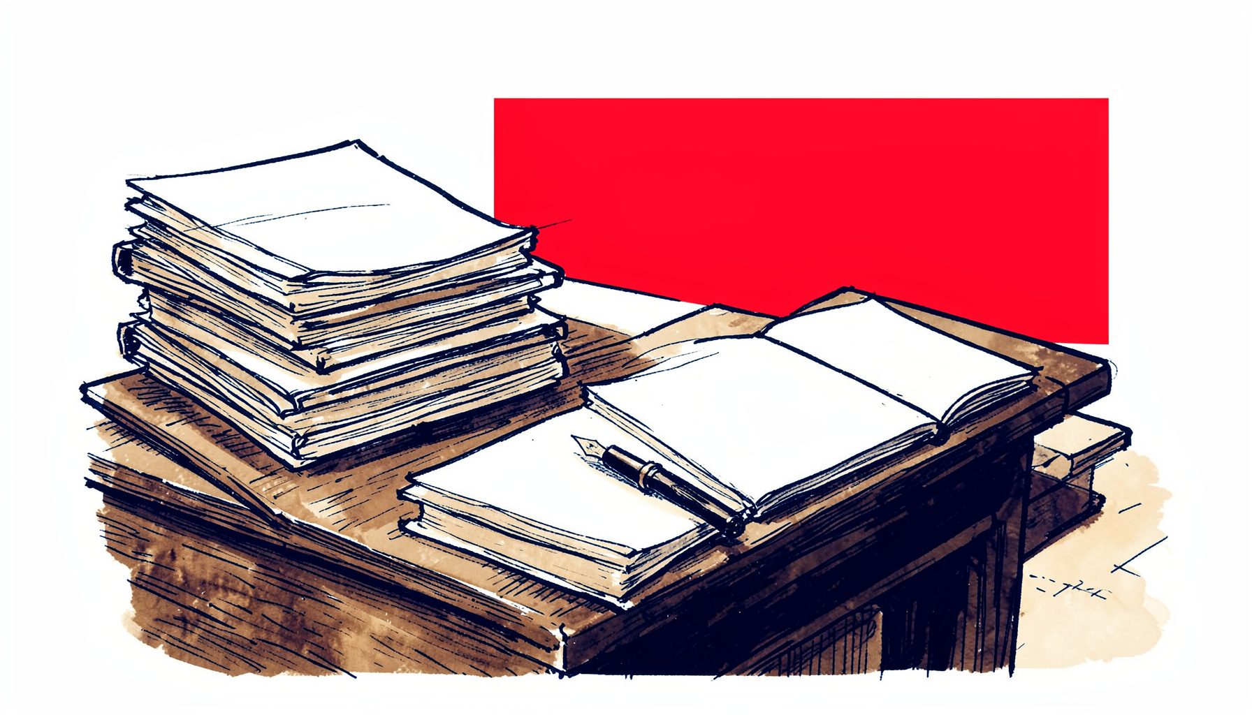 Hand-drawn ink illustration of a quiet academic workspace with stacked papers, a fountain pen, and an open notebook on a wooden desk, rendered in deep navy and warm sepia tones